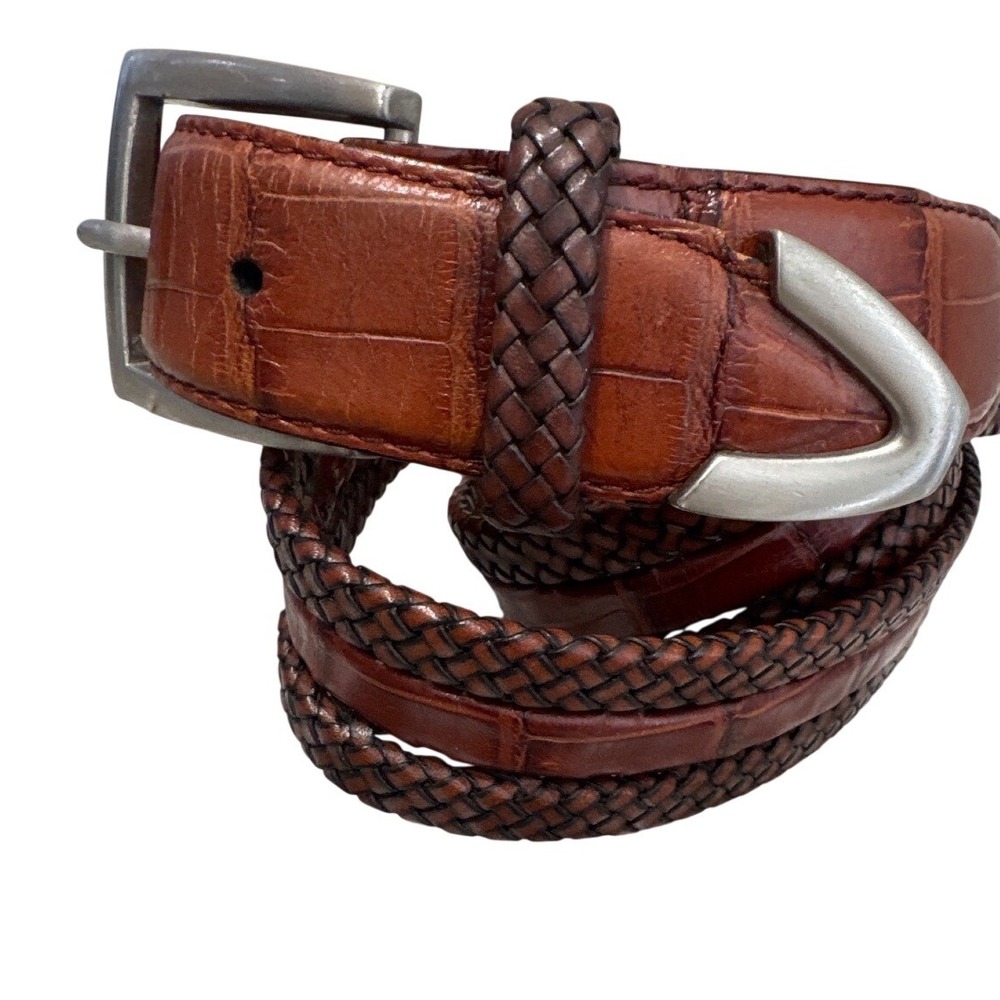 Mens Vintage Braided Belt brown Leather Silver Square Sz 36‎ M10055